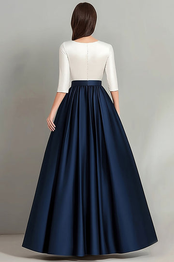 White Navy A Line Half Sleeves Ruched Mother Of the Bride Dress